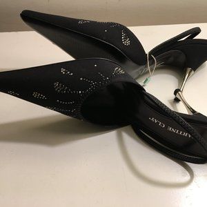 NIB! MARTINE CLAY Black Fabric Rhinestone Upper Metal Heel Slingback EU38.5/8.5M